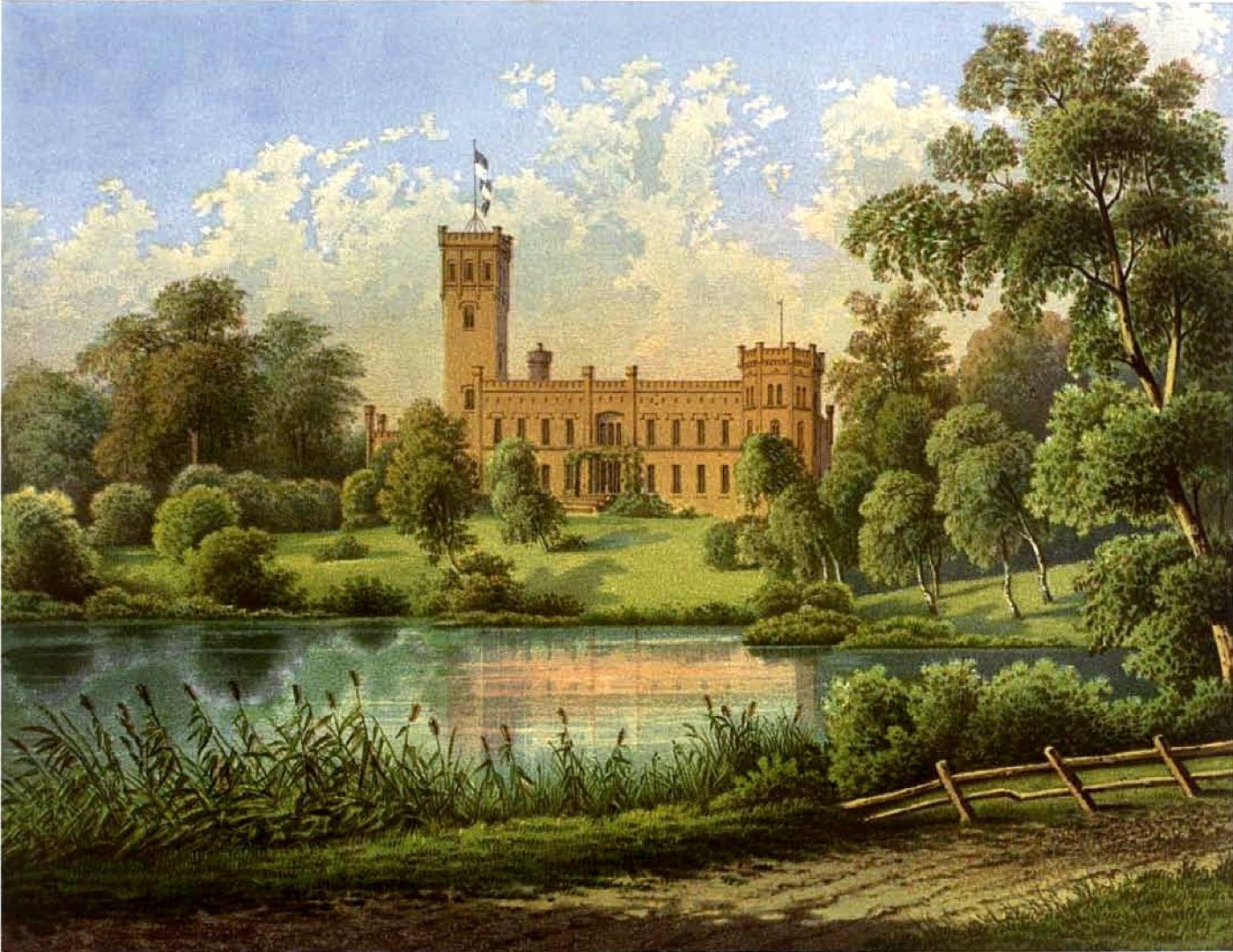 Historische Lithografie von Schloss Arendsee mit See und Park