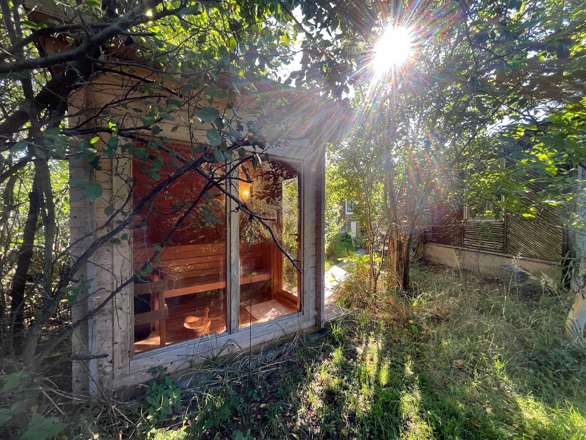 Gartensauna mit Panoramafenster im Gegenlicht