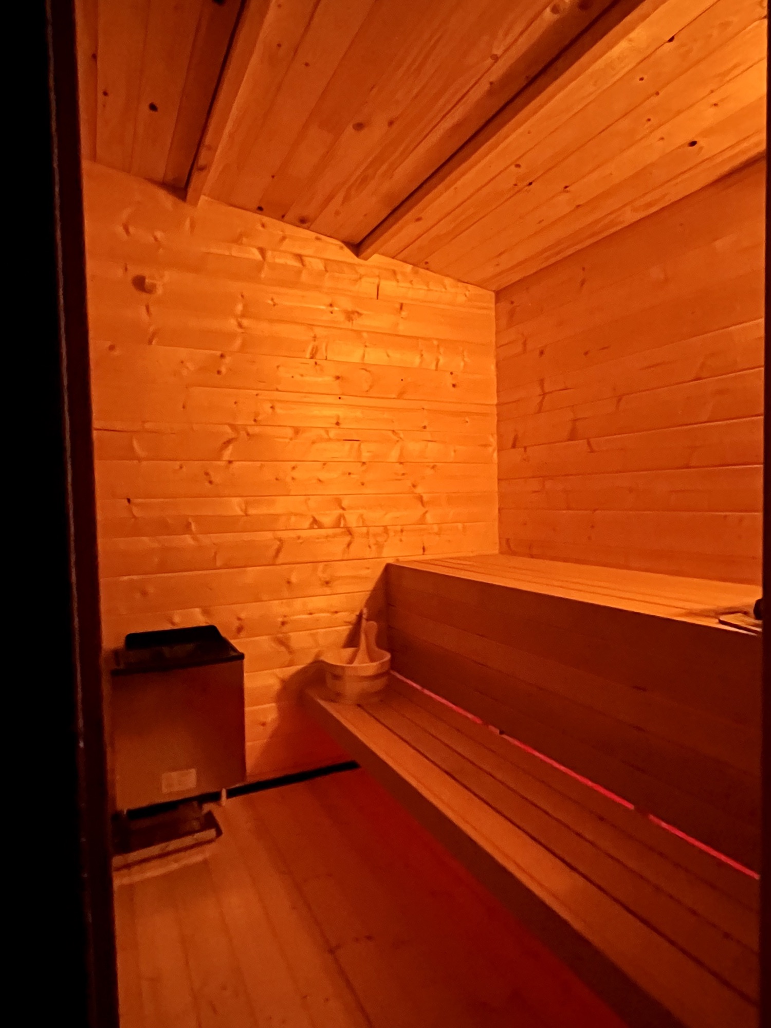 Innenraum der Sauna mit hellen Holzbänken