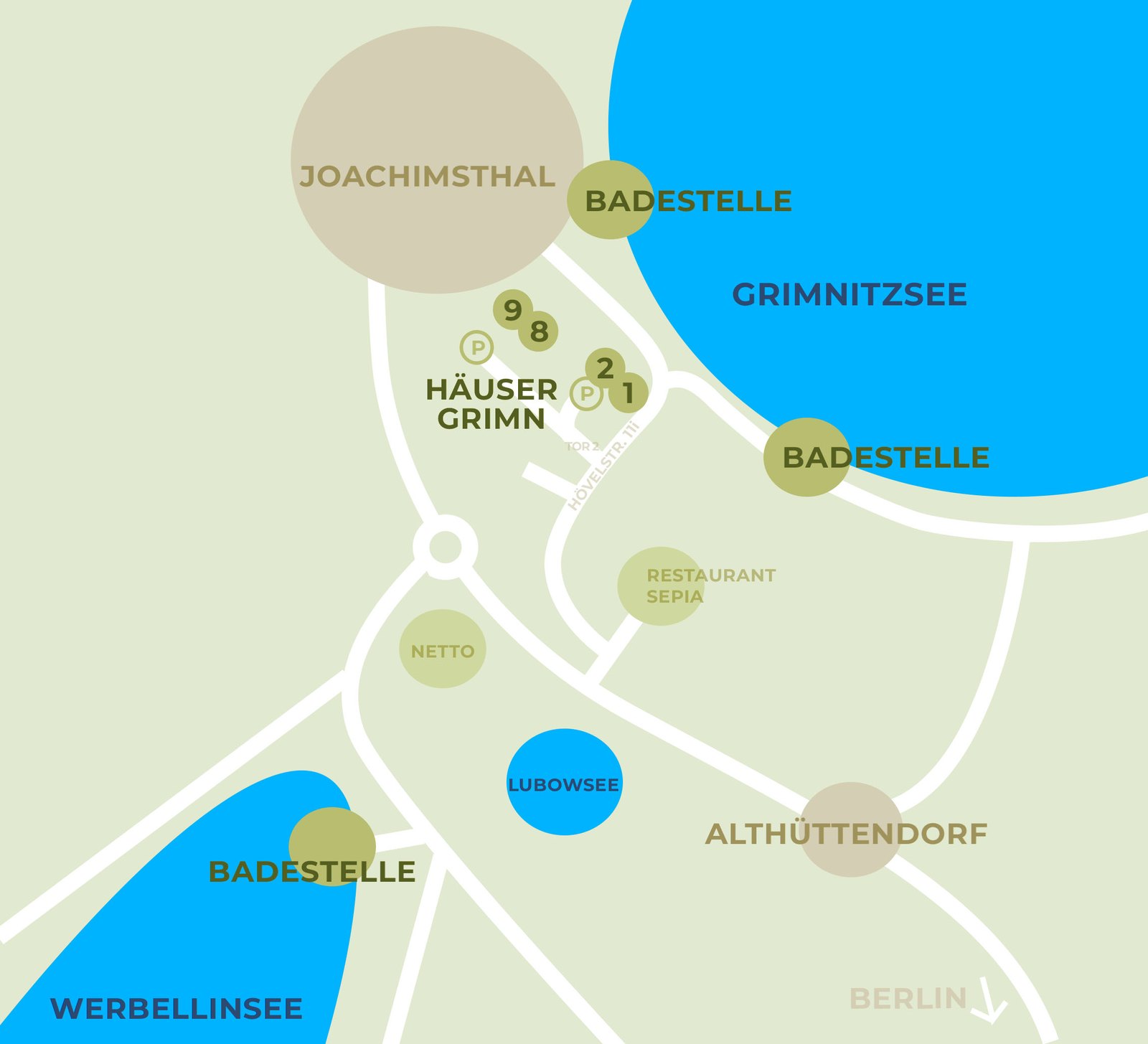 Lageplan: die Häuser zwischen Joachimsthal und Althüttendorf, mit Badestellen am Grimnitzsee und am Werbellinsee, dem Lubowsee und der Richtung nach Berlin